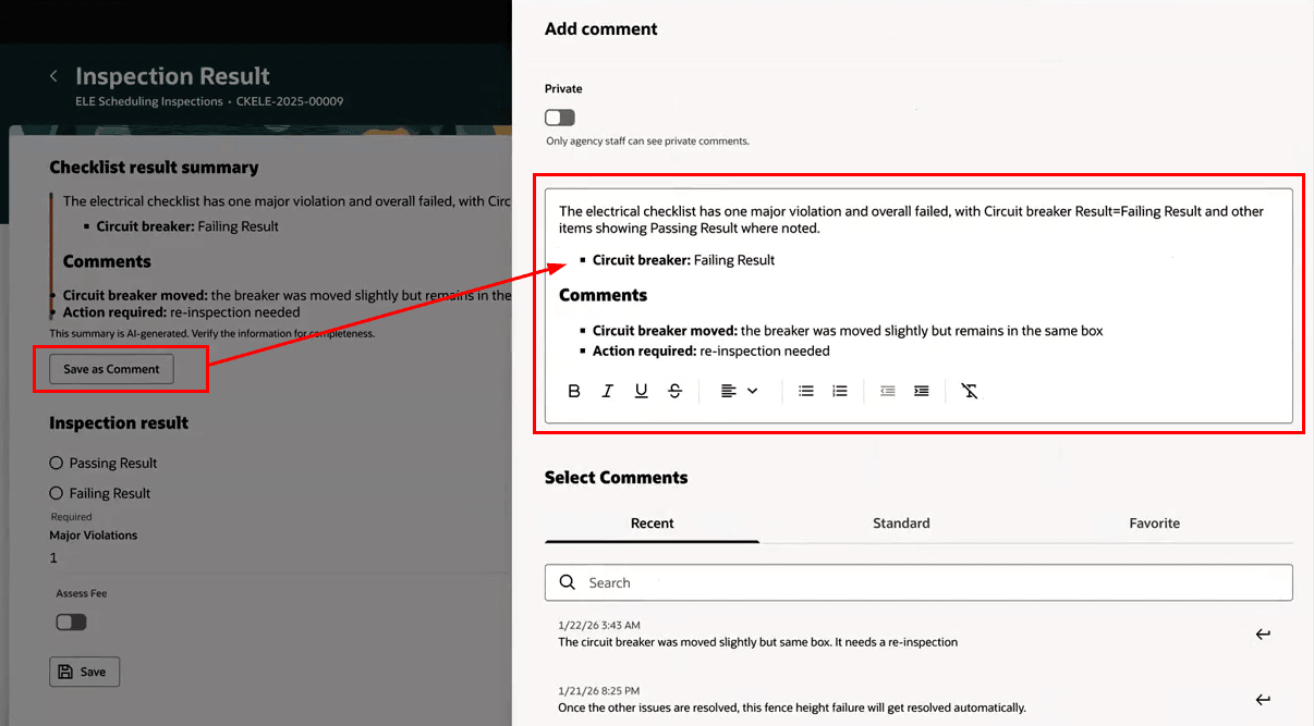 Adding Generated Result Summary to the Inspection Comments