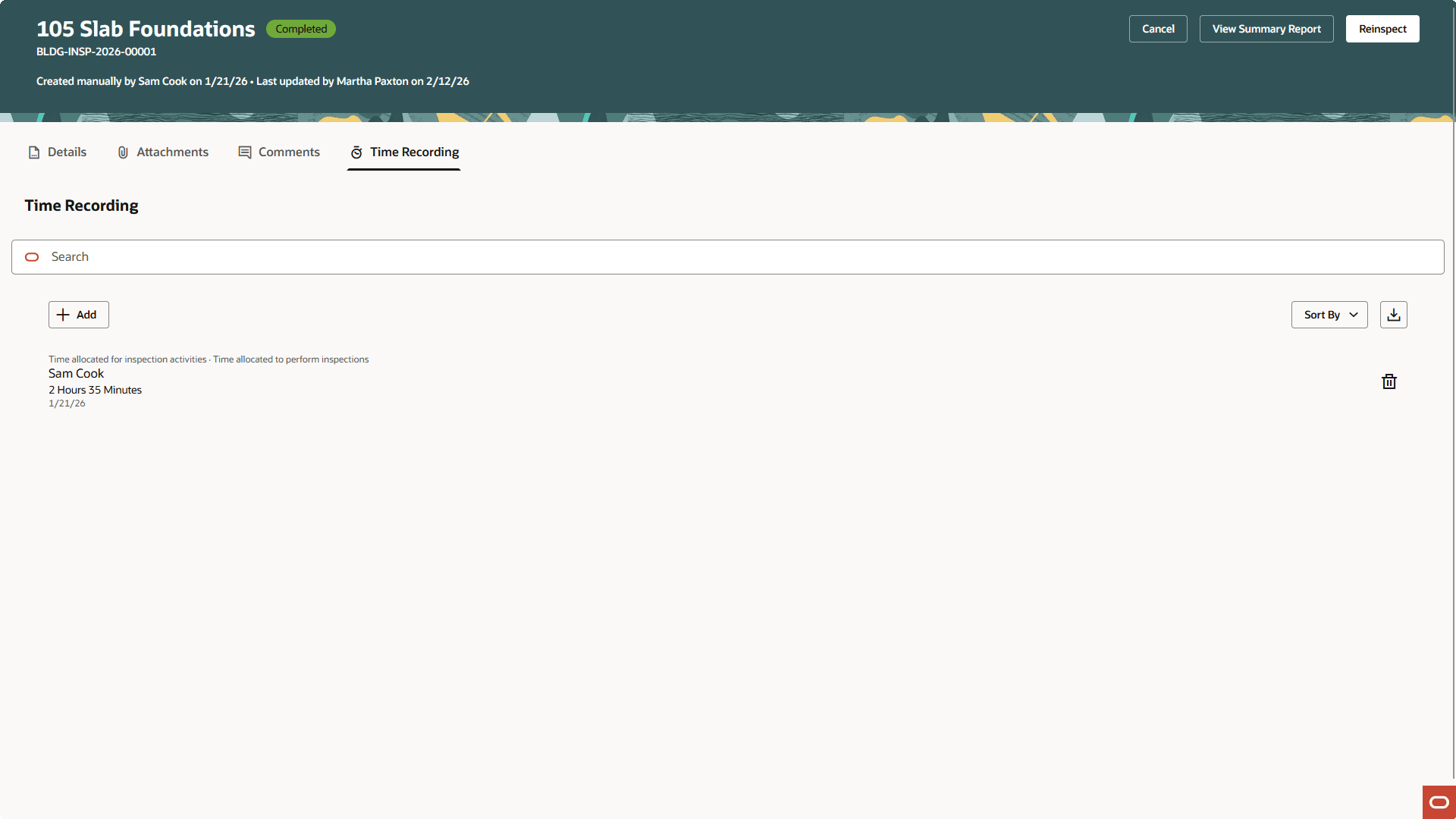 Inspection - Time Recording Page
