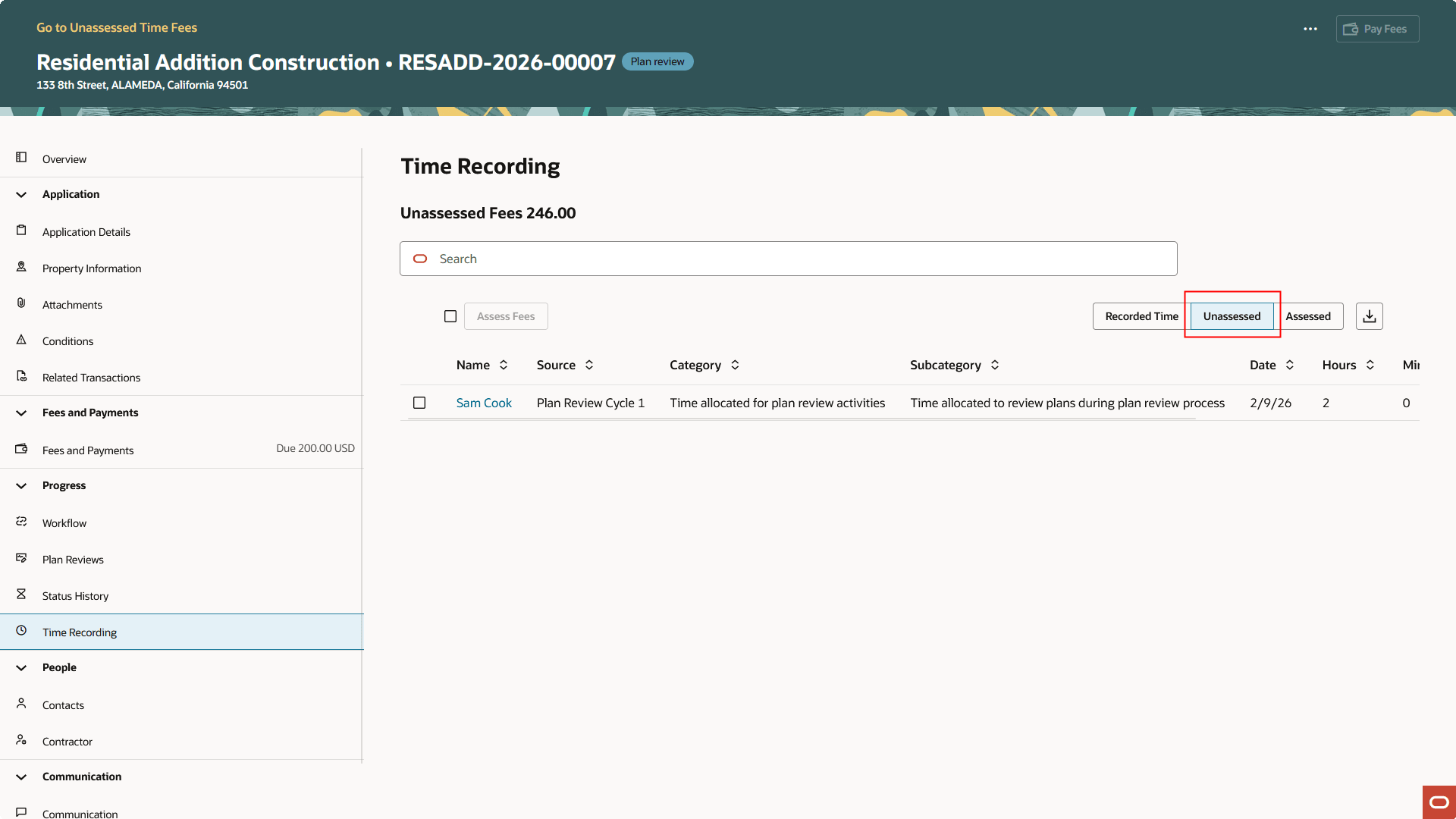 Planning Application - Time Recording Page - Unassessed Tab