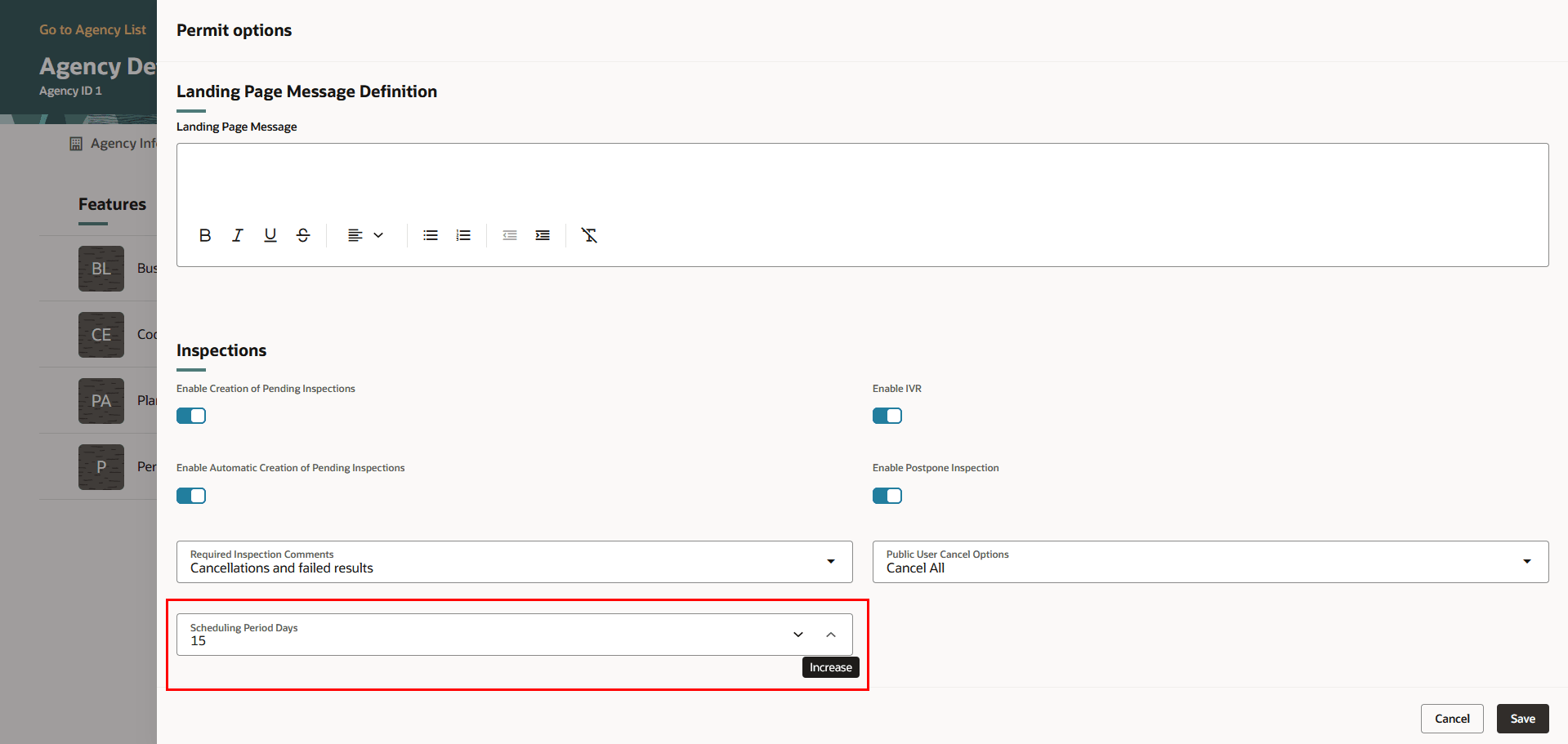 Agency Details - Permit Options Page with Scheduling Period Days Field