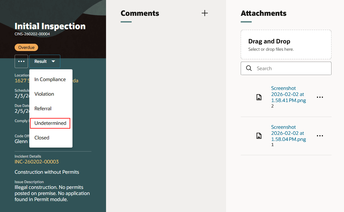 Initial Inspection Page for an Incident Displaying the Result Option Undetermined