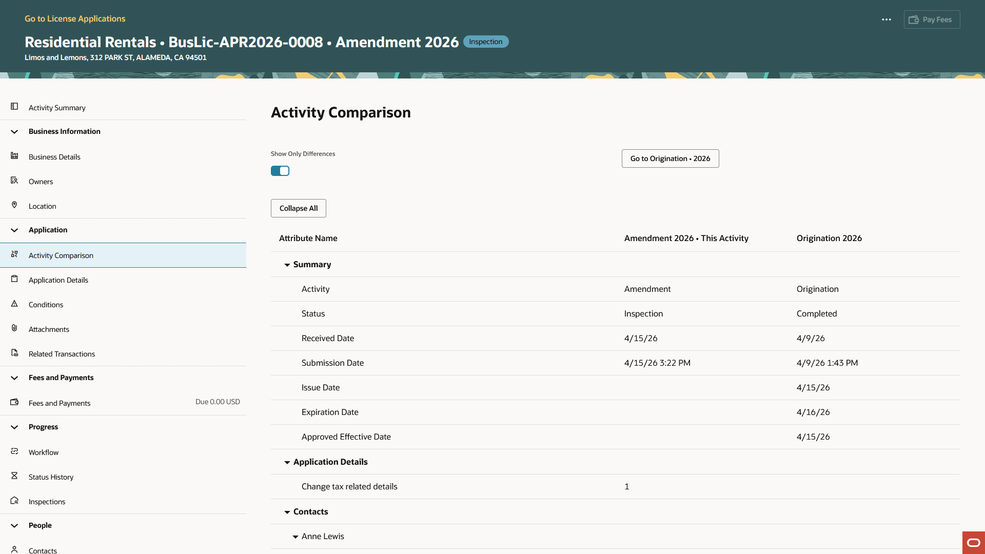 Example of an Activity Comparison for a Business License Amendment