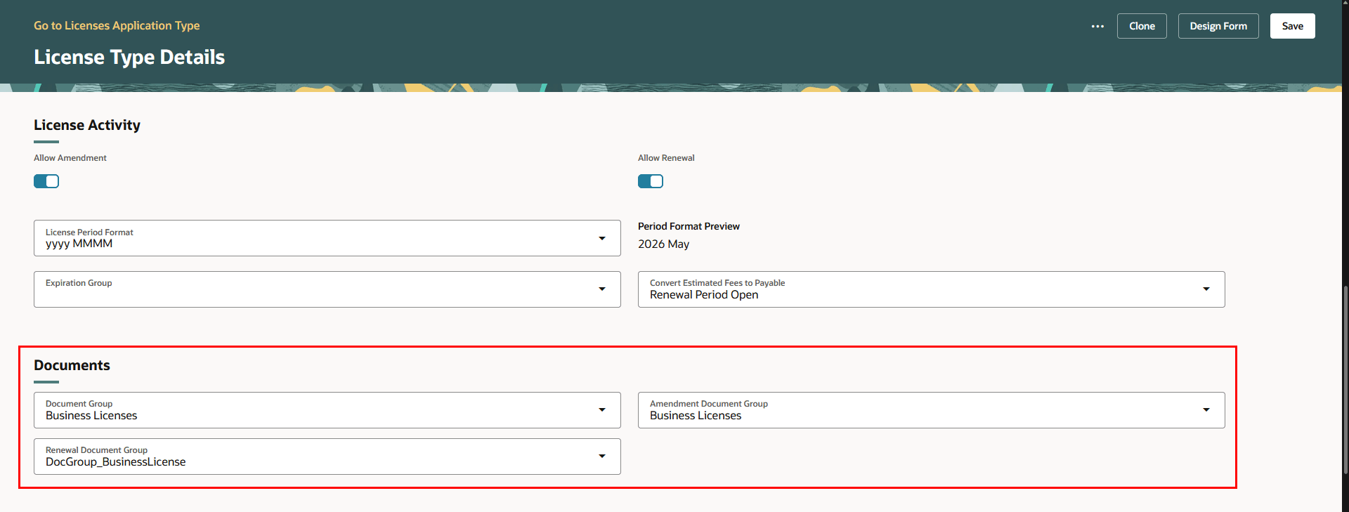License Type Details Page with Document Groups for Business License Activity