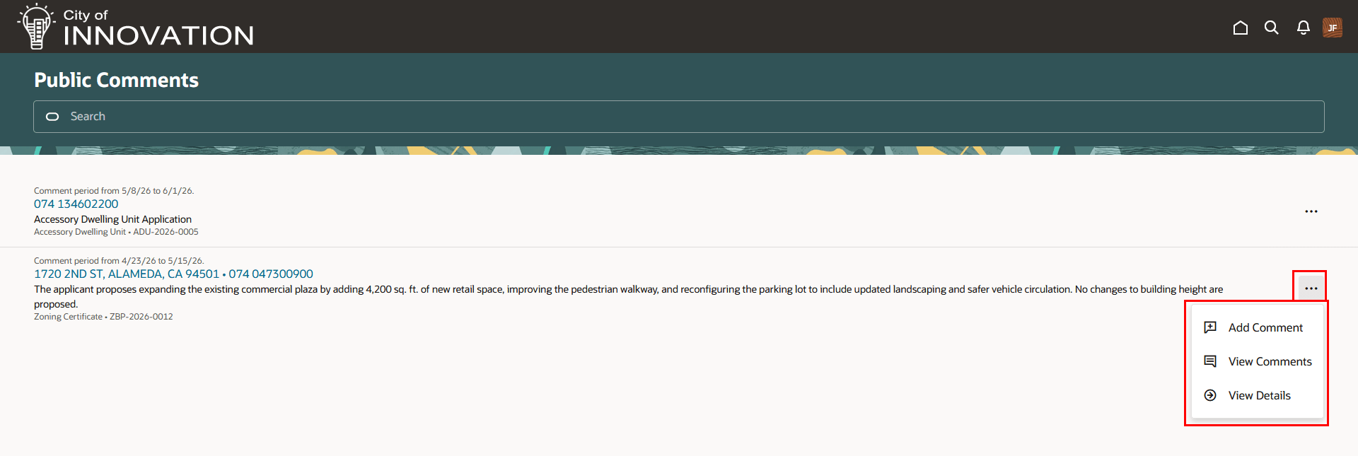 Public Comments Page for Collecting Planning Application Comments