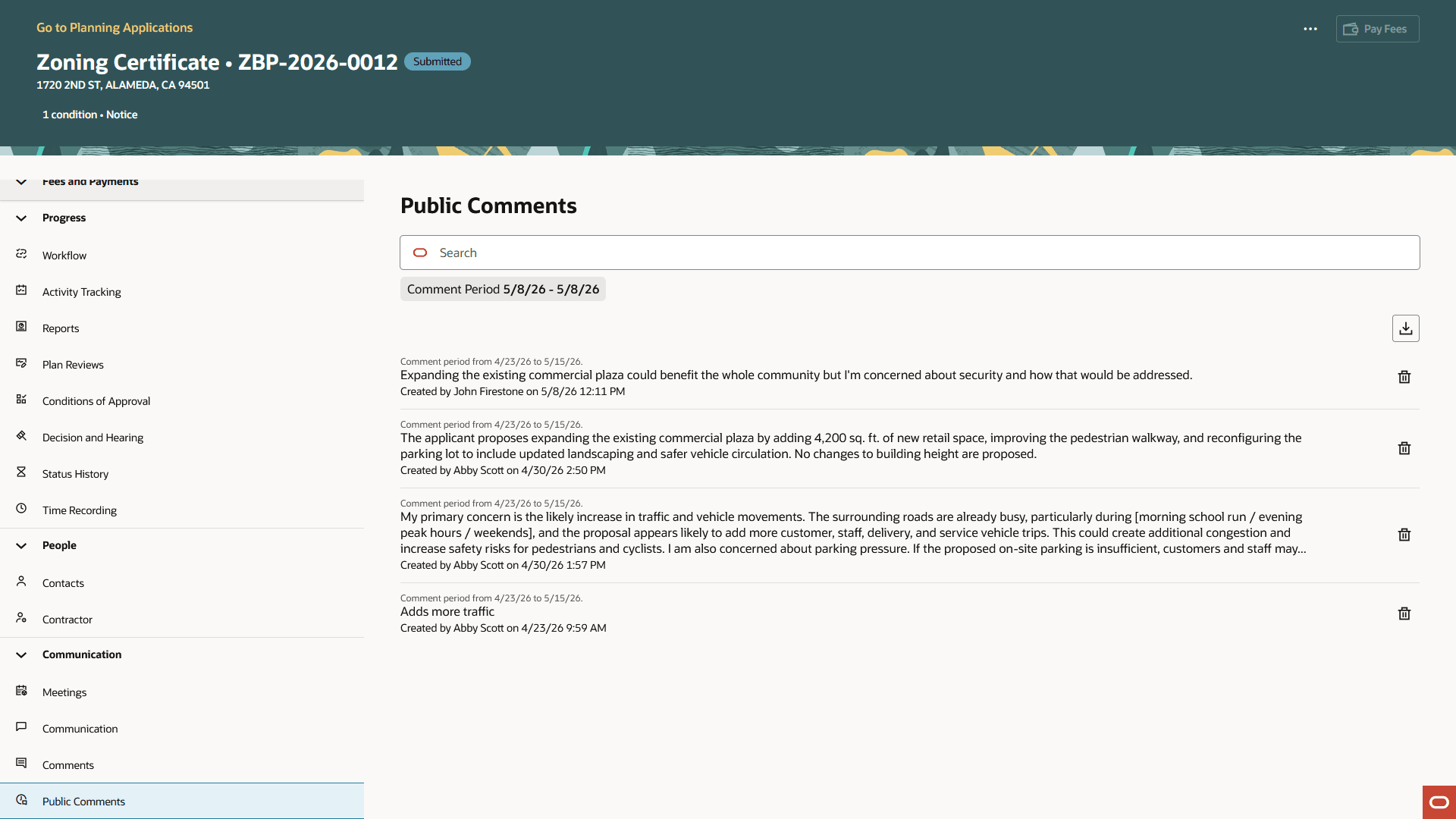 Public Comments Page for Agency Staff in the Planning Application Detail Pages