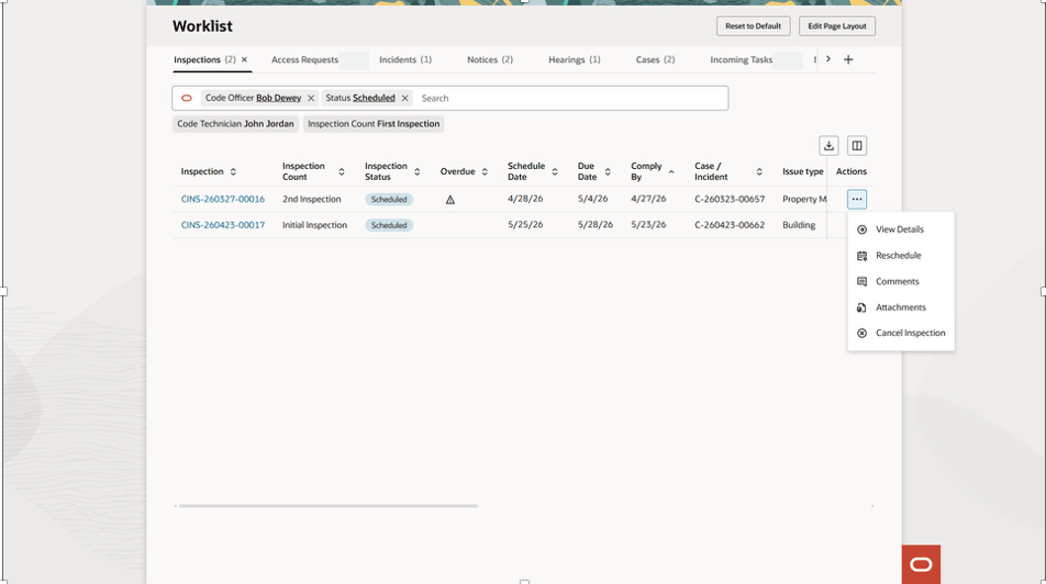 Code Enforcement Worklist Inspections tab