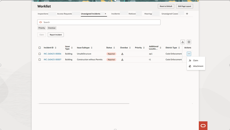 Code Enforcement Worklist Unassigned Incidents tab