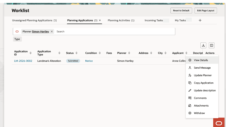 Planner Worklist, Planning Applications tab