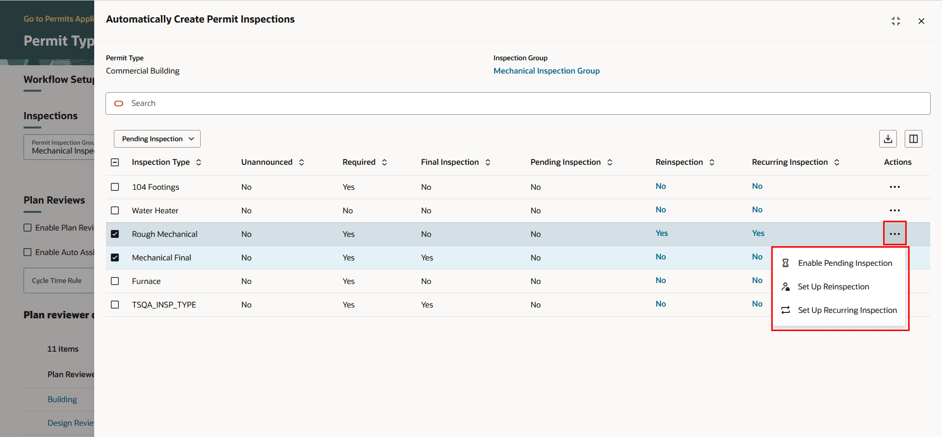 Permit Type - Automatically Create Permit Inspections Drawer with Actions
