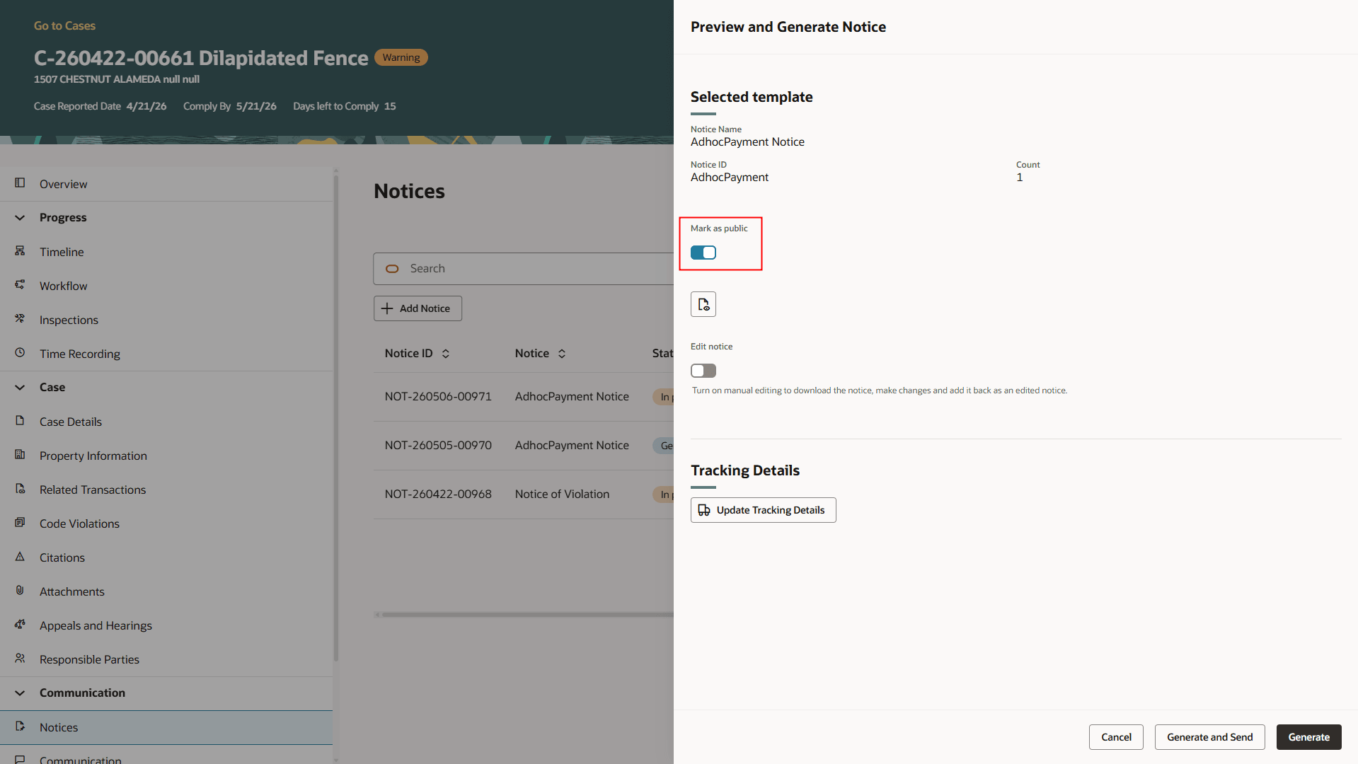 Preview and Generate Notice Drawer
