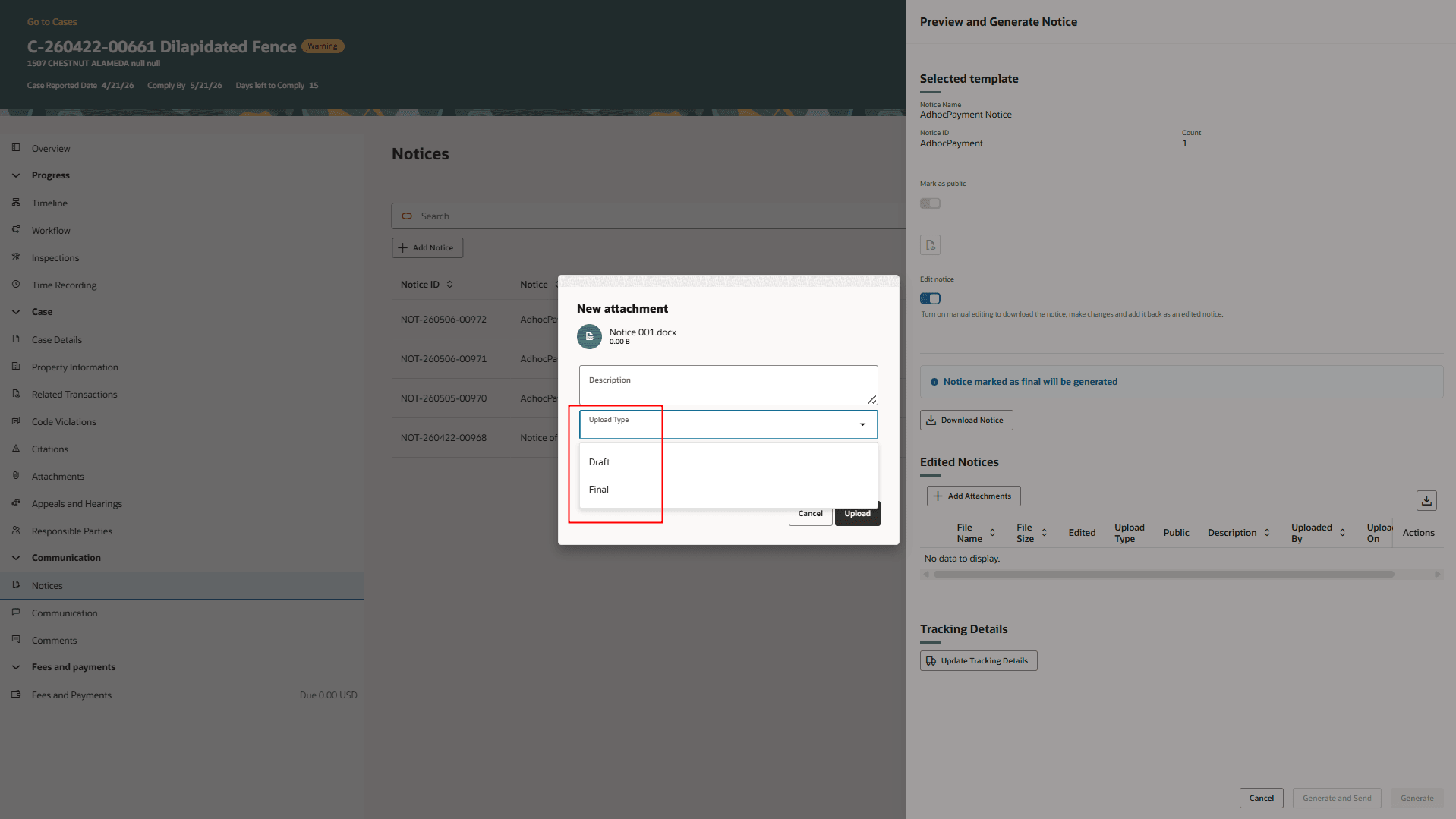 Preview and Generate Notice Drawer With the New Attachment Window