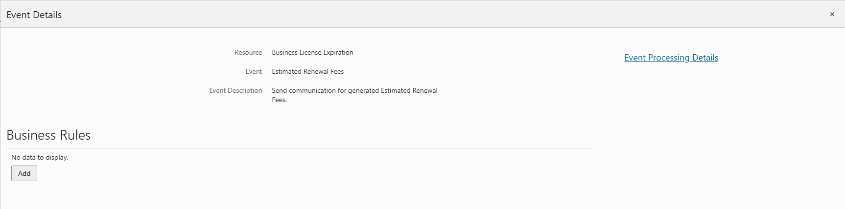 Event Details Page Showing the Estimated Renewal Fees Event