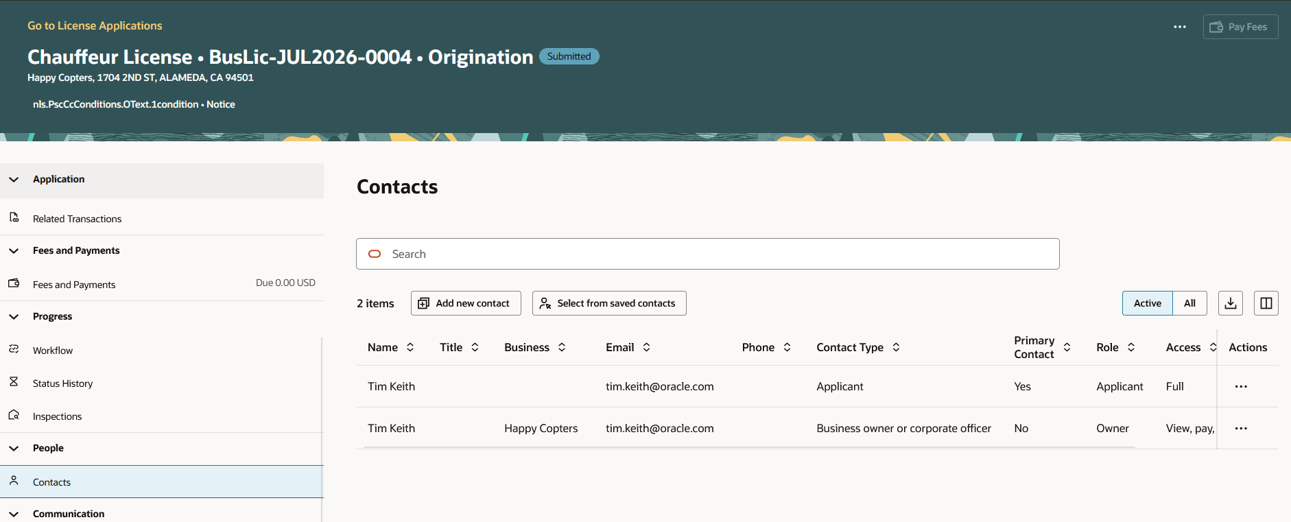 Business License Transactions - Contacts Tab