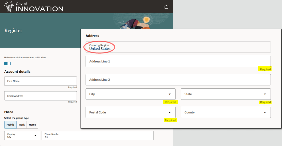 Register page with U.S.-required address fields