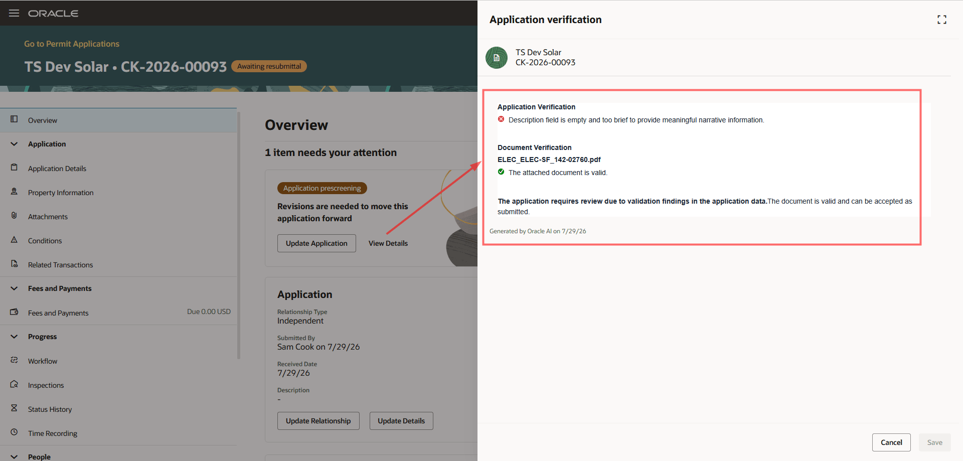 Application verification drawer with AI results