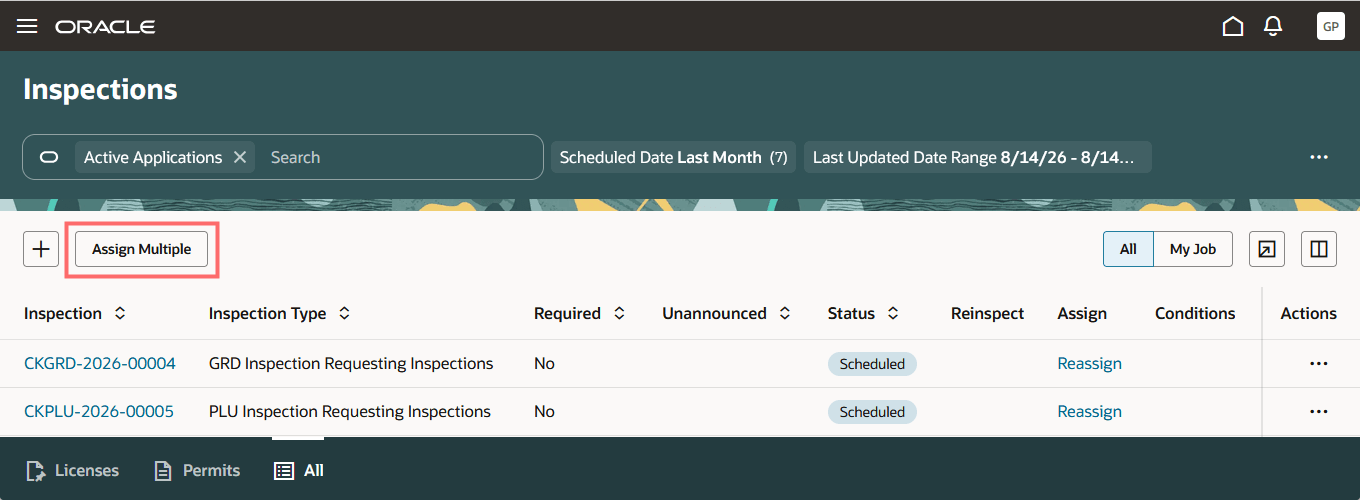 Agency's Inspections List Page - assign multiple action