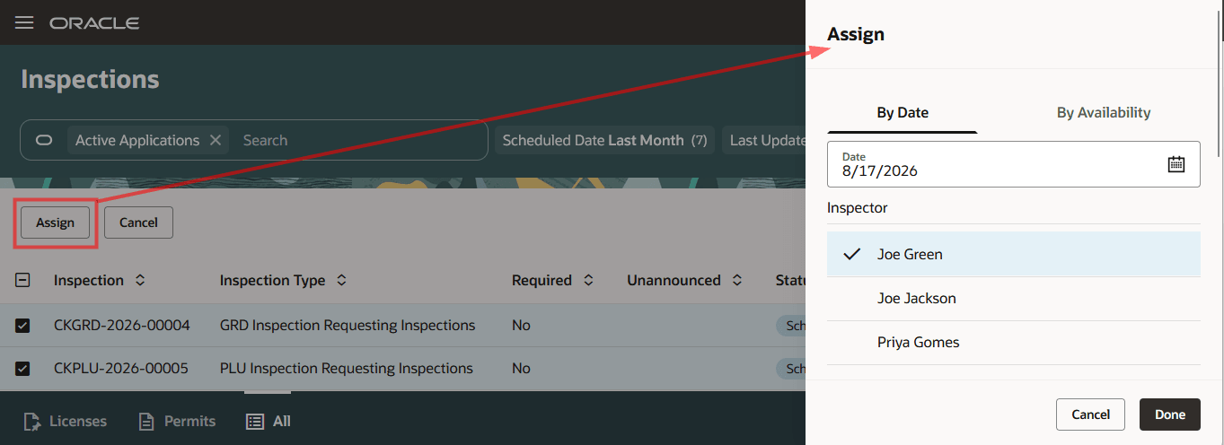 Assign drawer to assign selected inspections