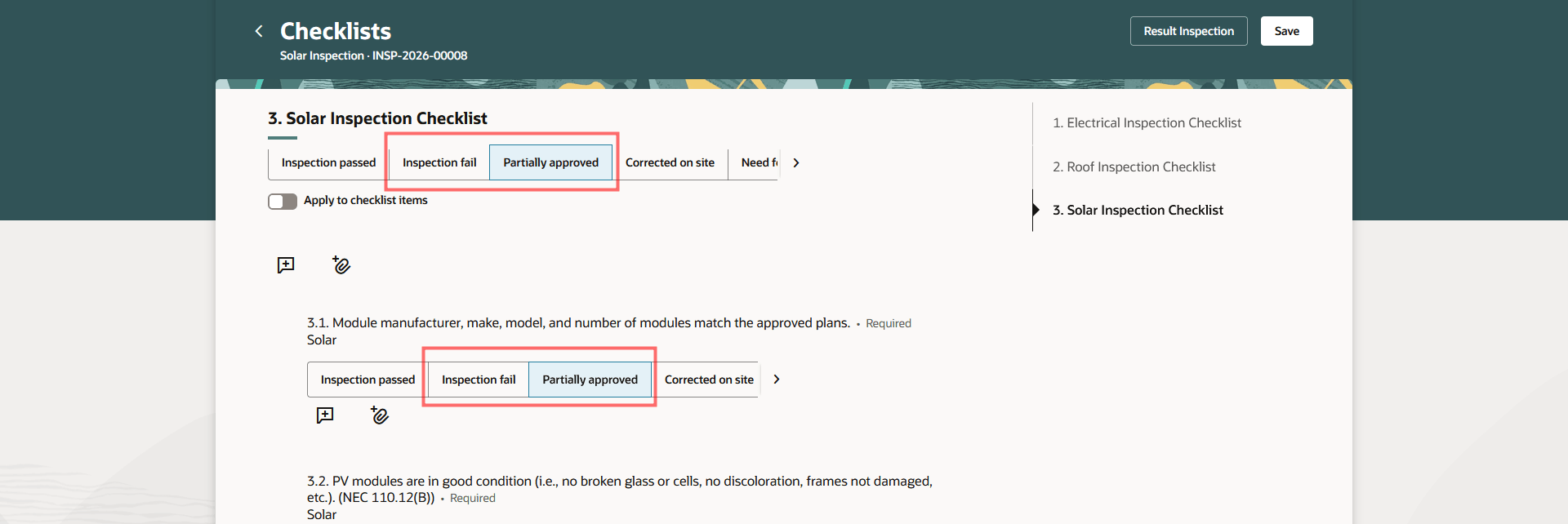 Inspector Application - Checklists page