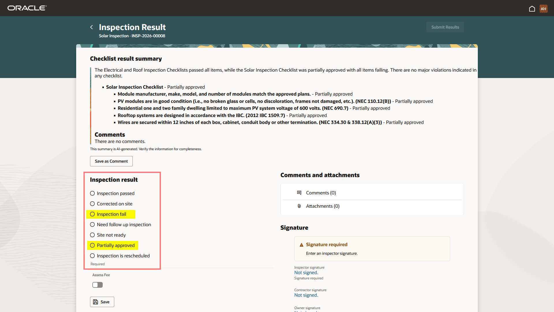 Inspector Application - Inspection Result page