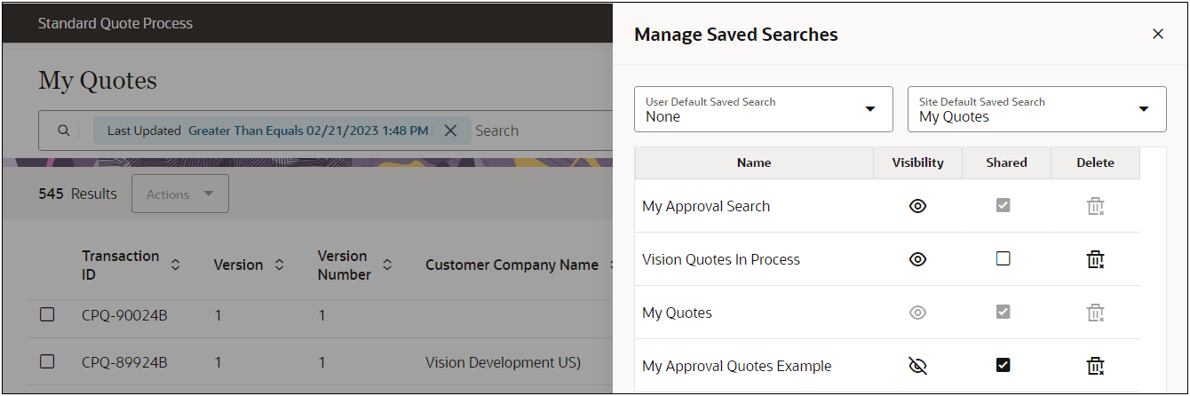 Manage Saved Searches Page