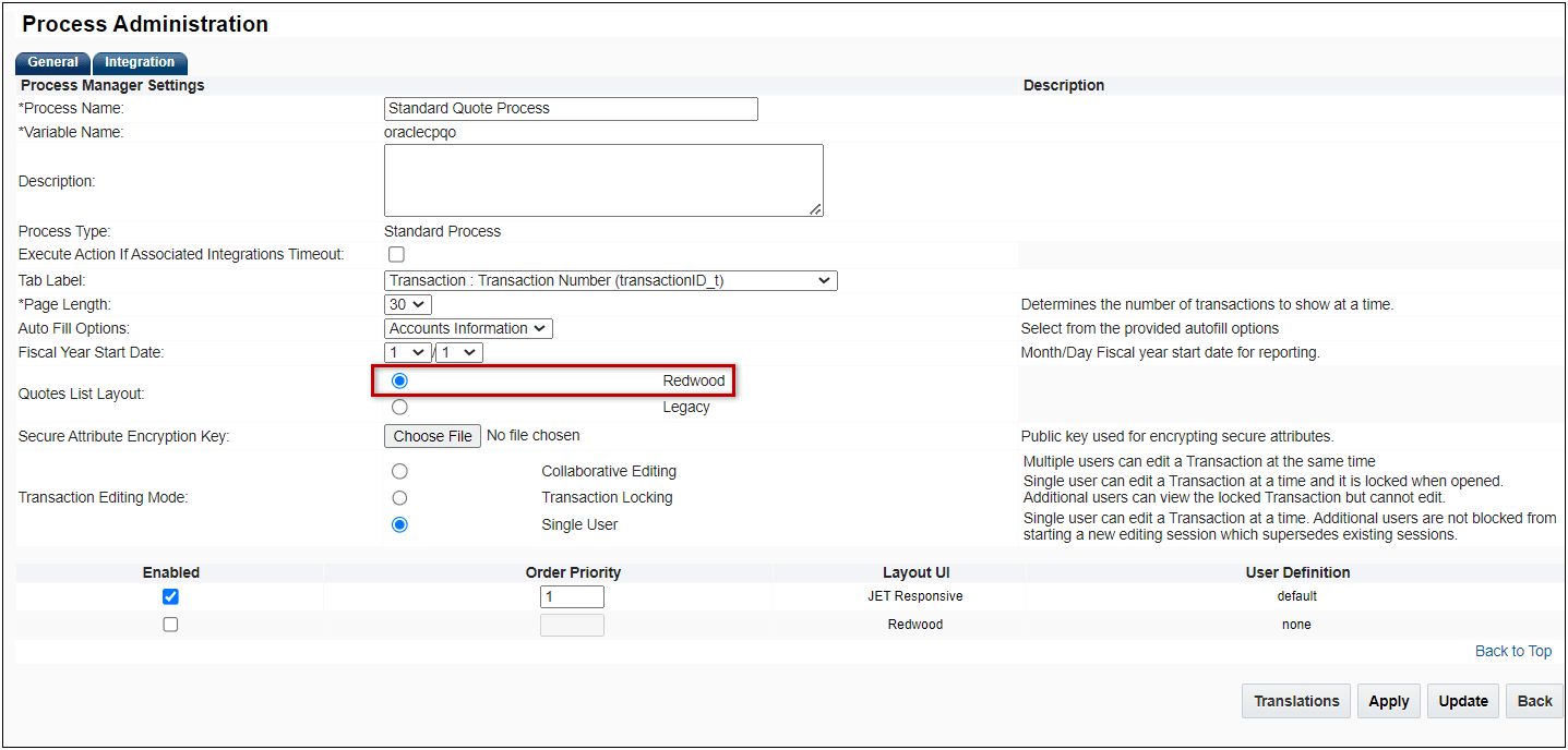 Enabling the Quotes List UI on the Process Administration Page