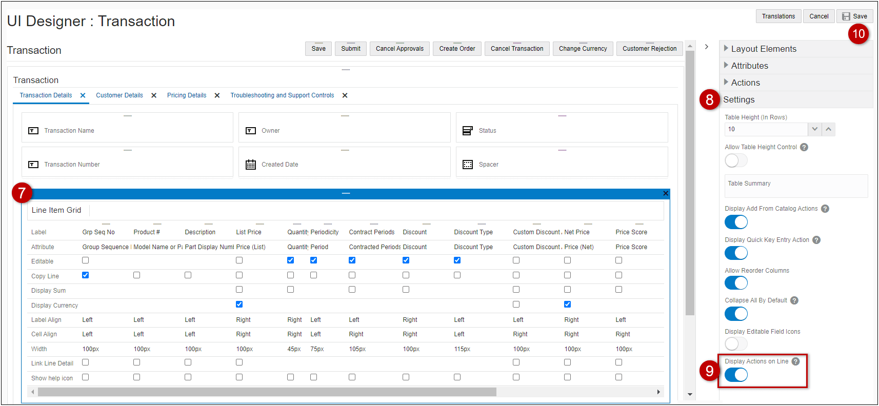 Display Actions on Line Option in the Layout Editor