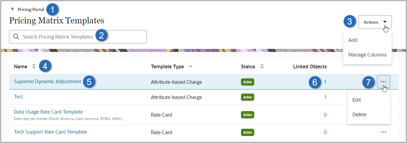 Pricing Matrix Templates List Page