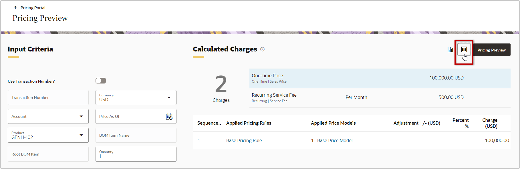Pricing Preview for Products View Table