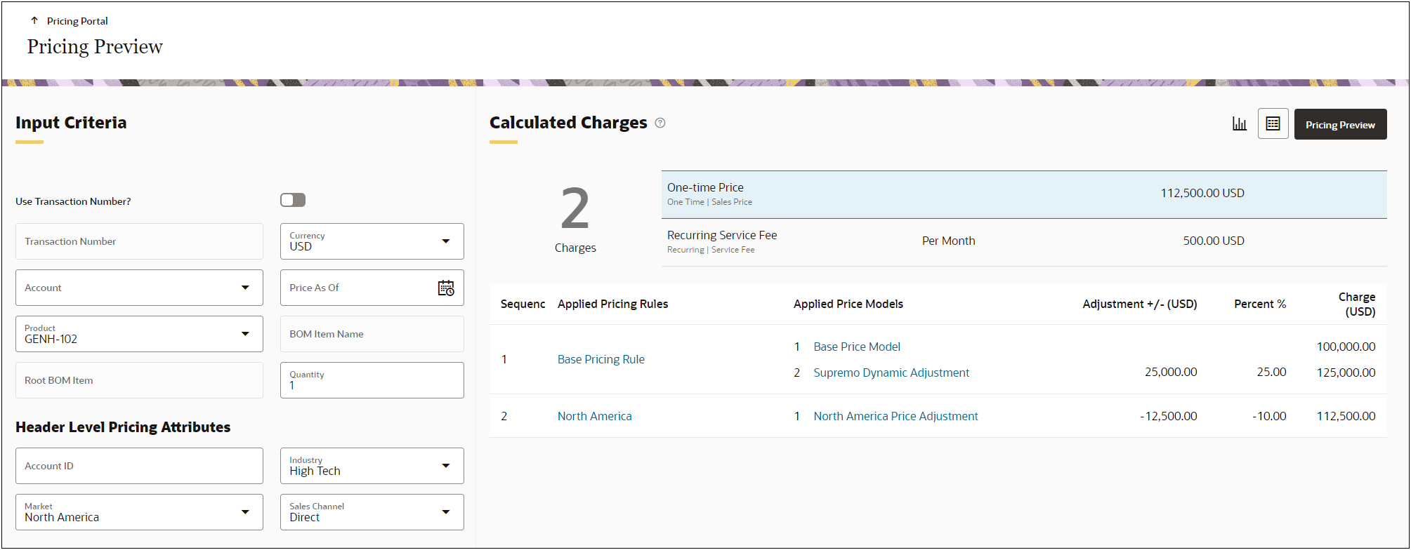 Pricing Preview for Products with Contextual Data - Table View