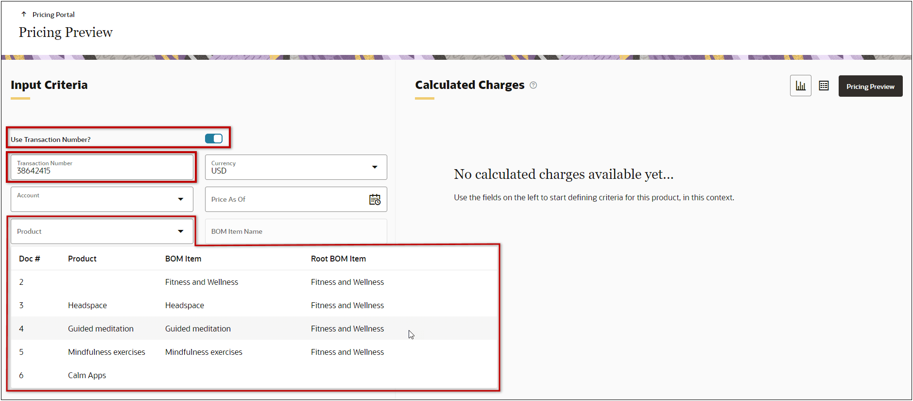 Pricing Preview for Transaction Items