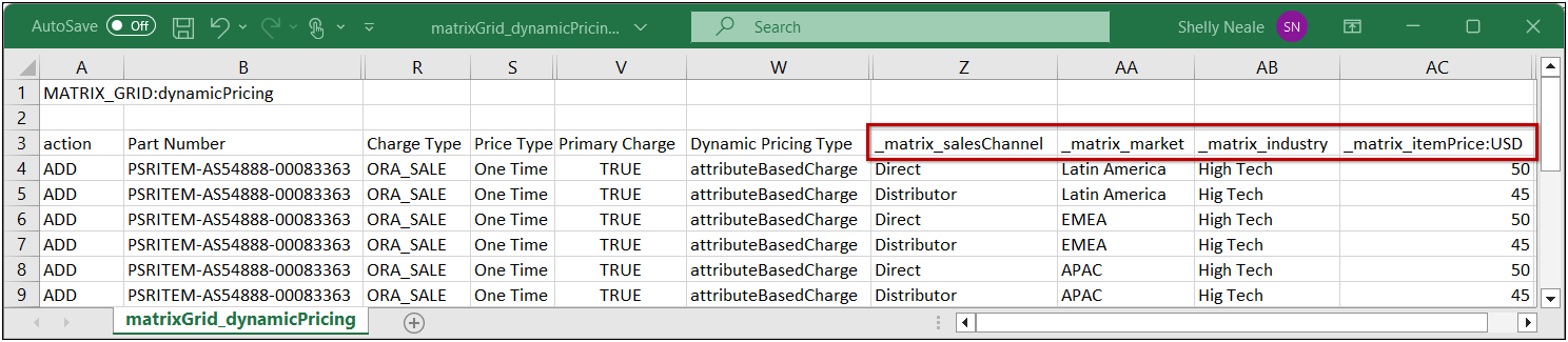 Pricing Matrix XLS example