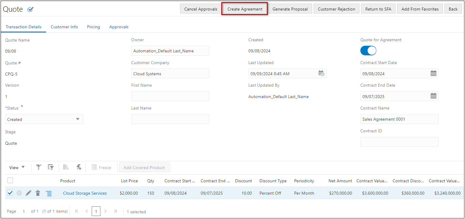 CPQ Transaction - Create Agreement
