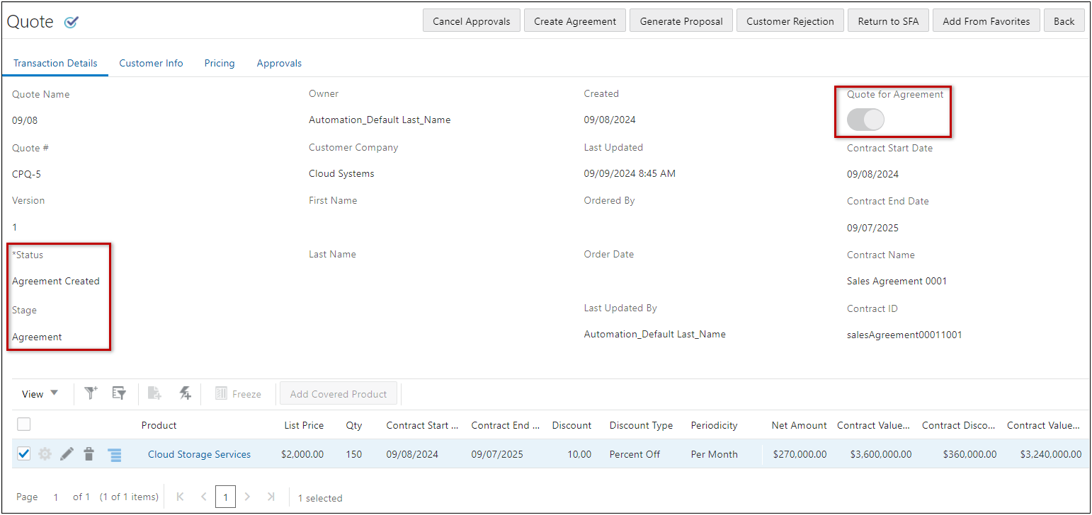 CPQ Transaction - Agreement Created