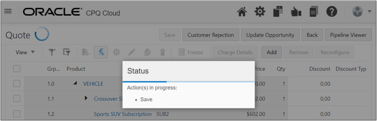 Status dialog for in progress actions