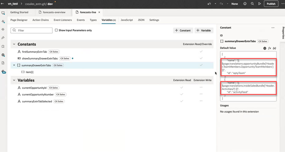 Visual Builder Studio Variables for Tabs in Forecast Opportunity Summary Drawer