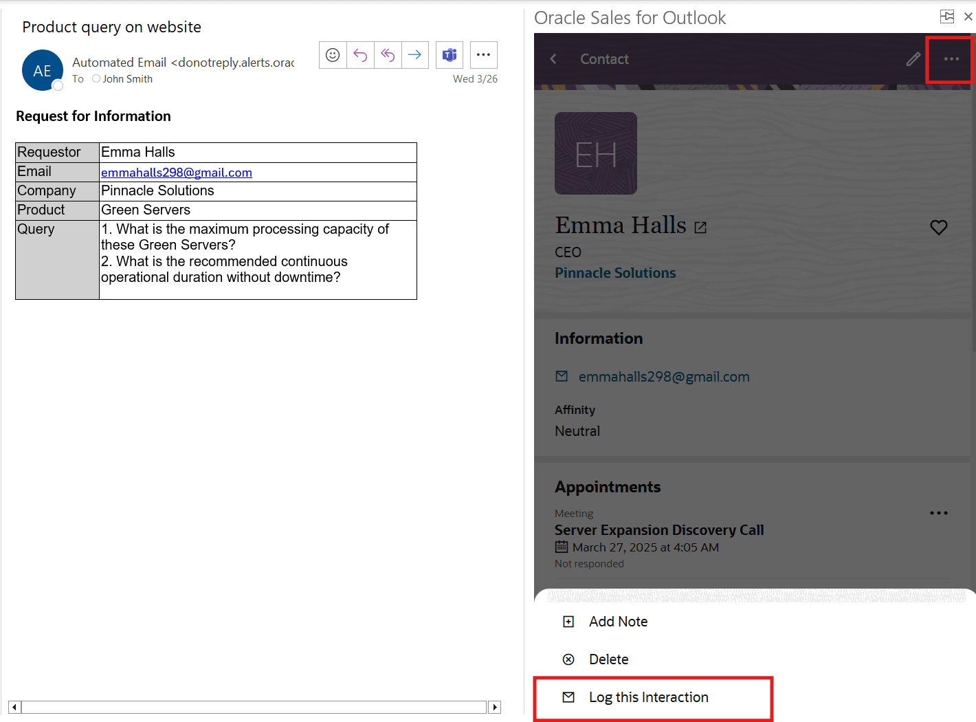 Contact record in the Sales add-in in Outlook