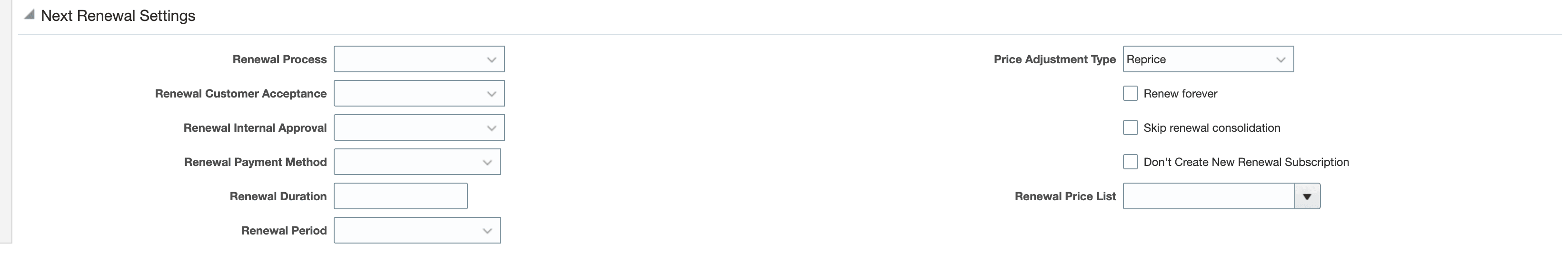 Screenshot of the Renewal Controls tab showing Renewal Price List field