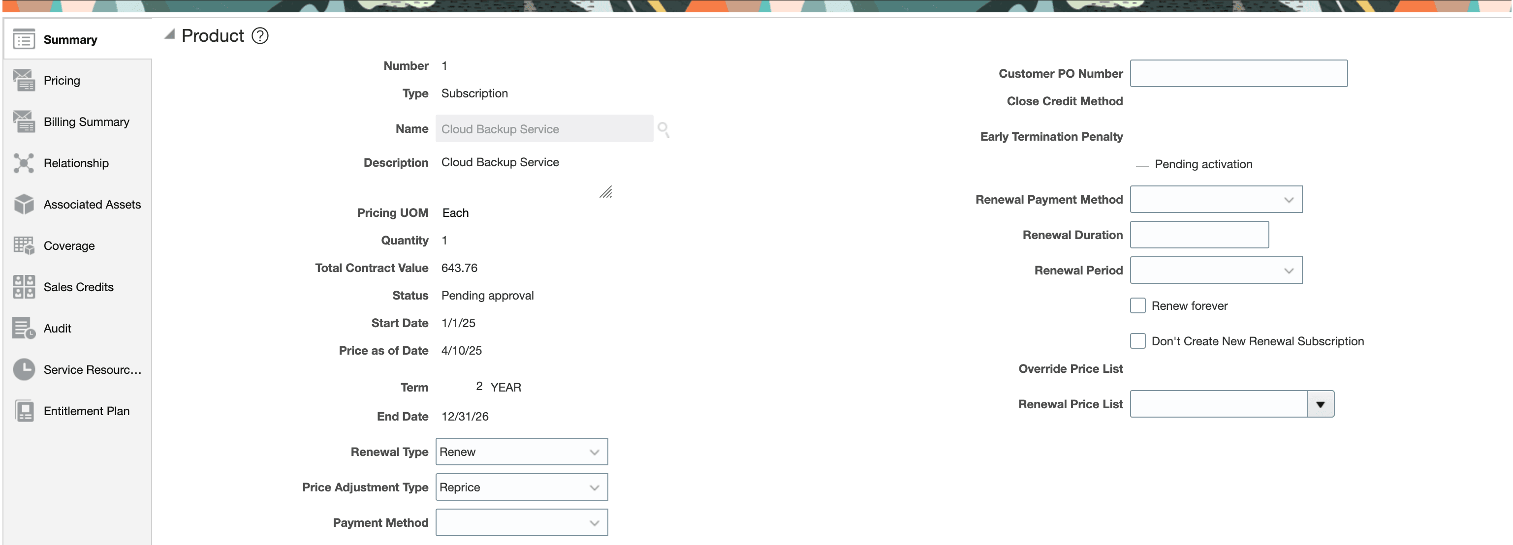 Screenshot of the Product Line Summary showing Renewal Price List and Override Price List fields