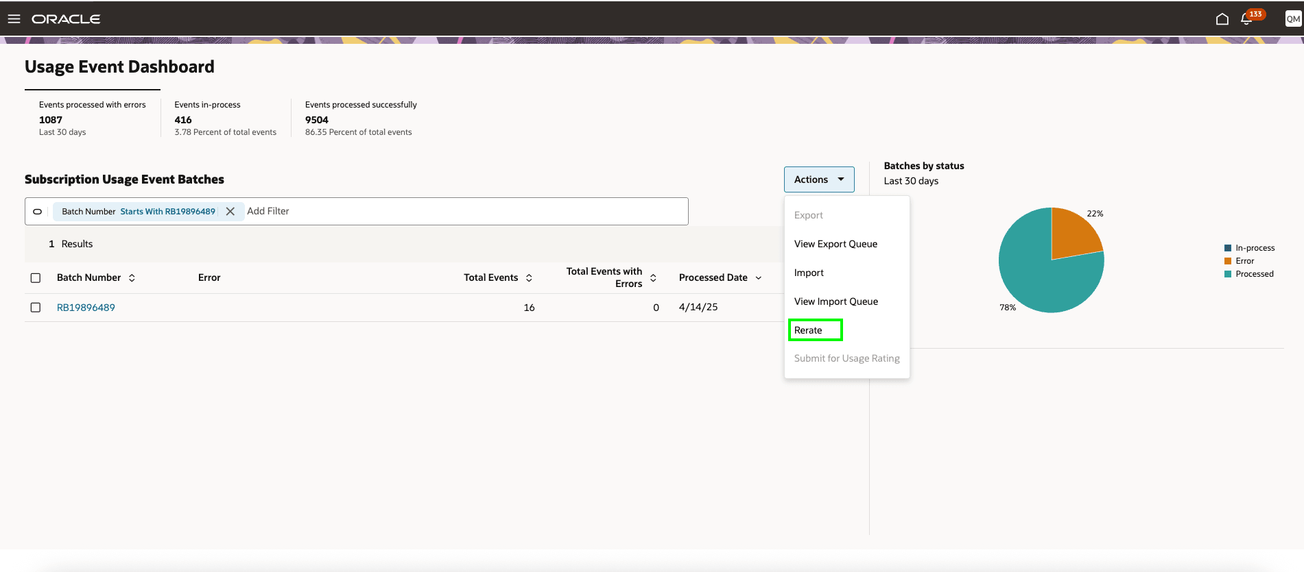 Usage Events Dashboard - Rerate Action