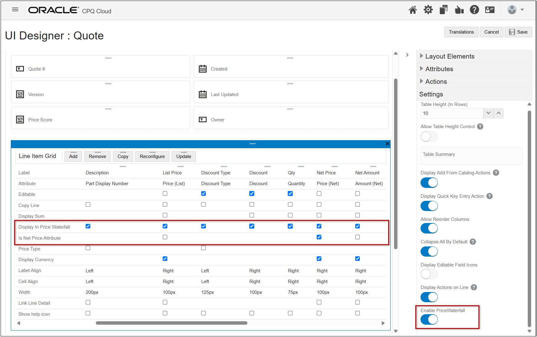 Price Waterfall settings in Layout Editor
