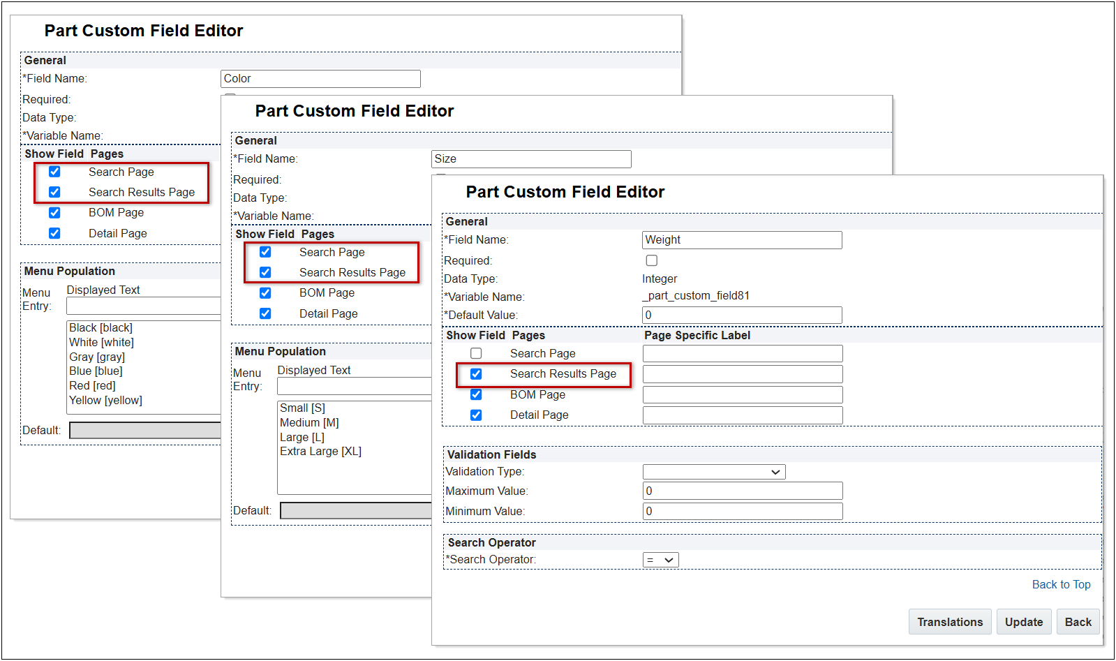 Part Custom Field settings
