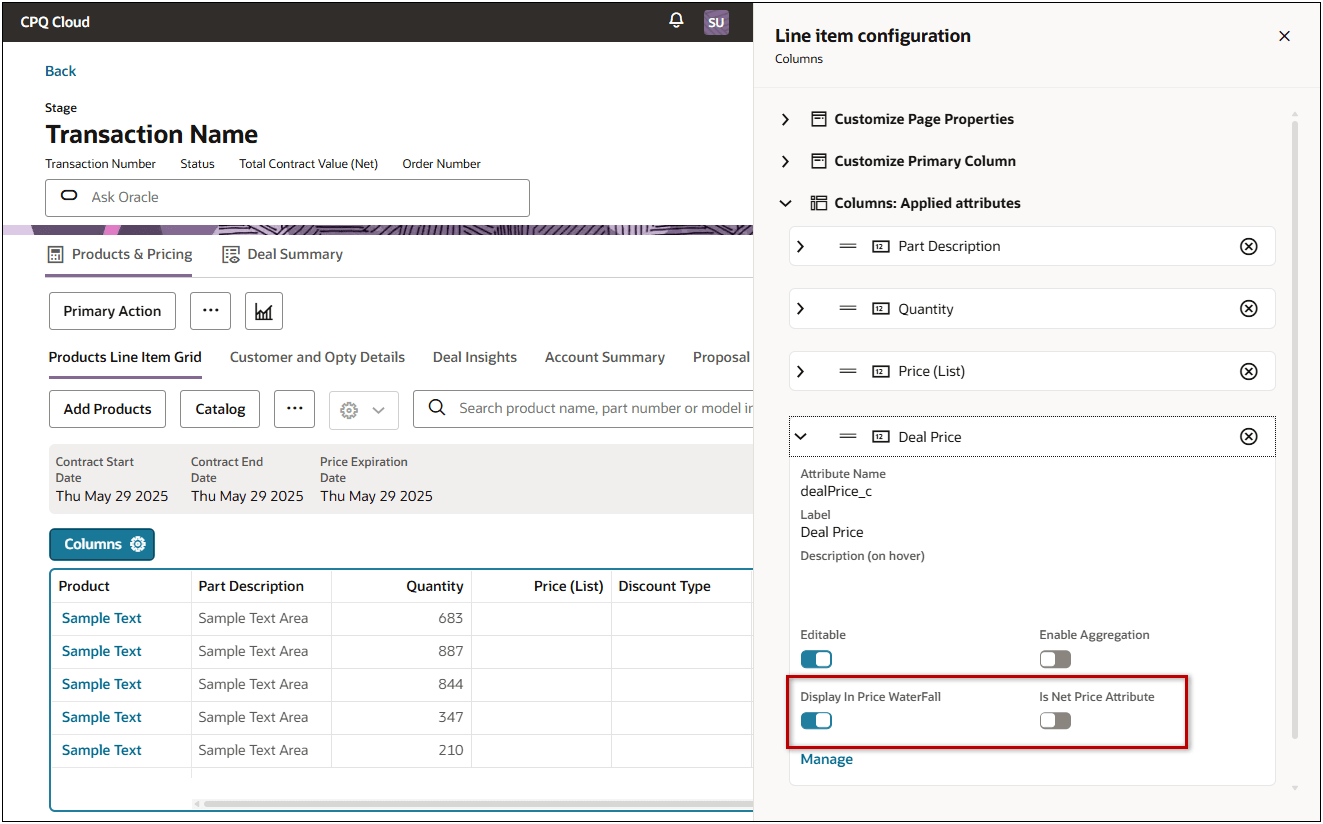 Price Waterfall Attribute Options