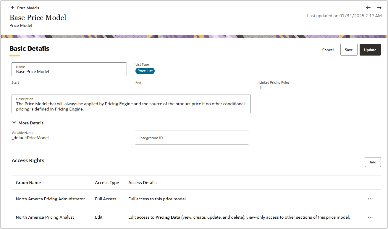 Price Model Access Rights