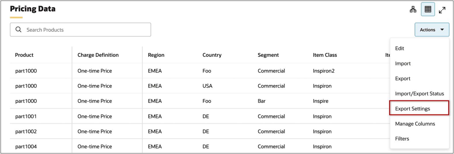 Pricing Data - Export Settings