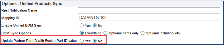 Disable Update Partner part ID with Fusion Part ID Value 
