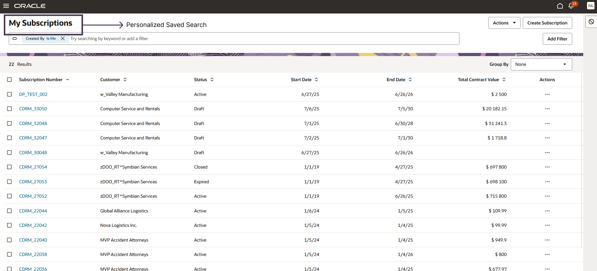 Subscription List Page