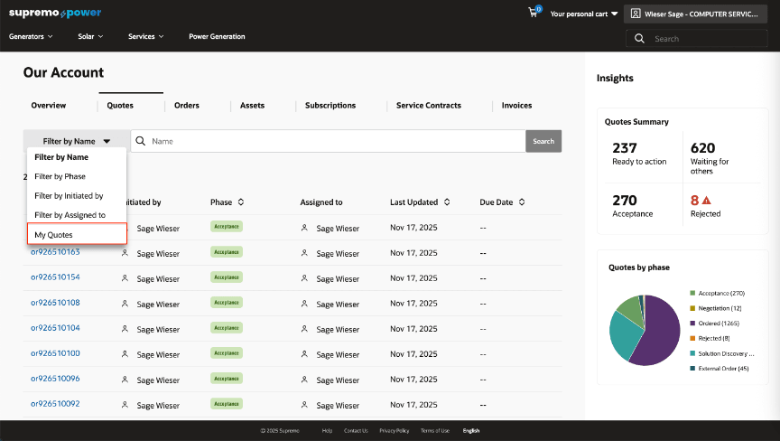 Quotes Filter dropdown