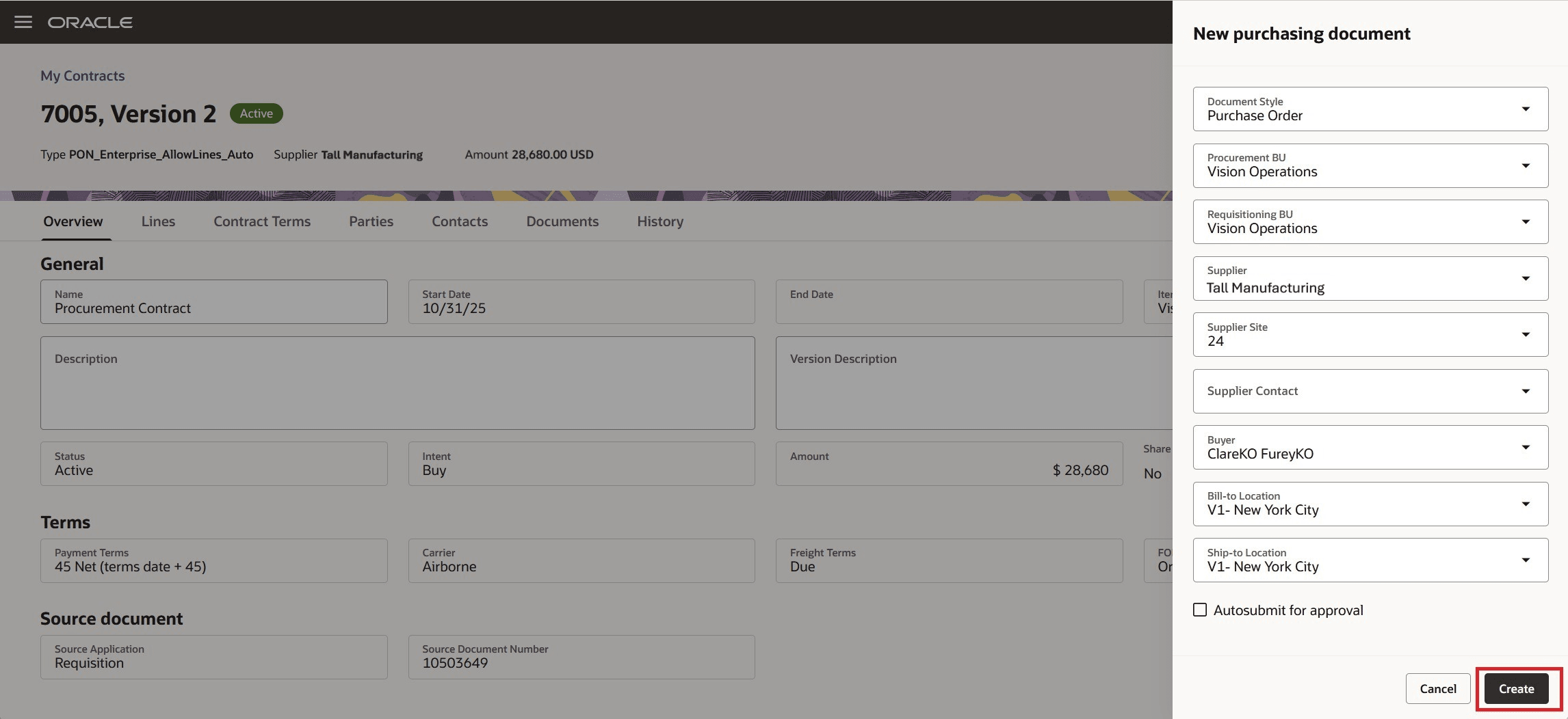 Create Purchasing Document Drawer on Redwood Contract Page