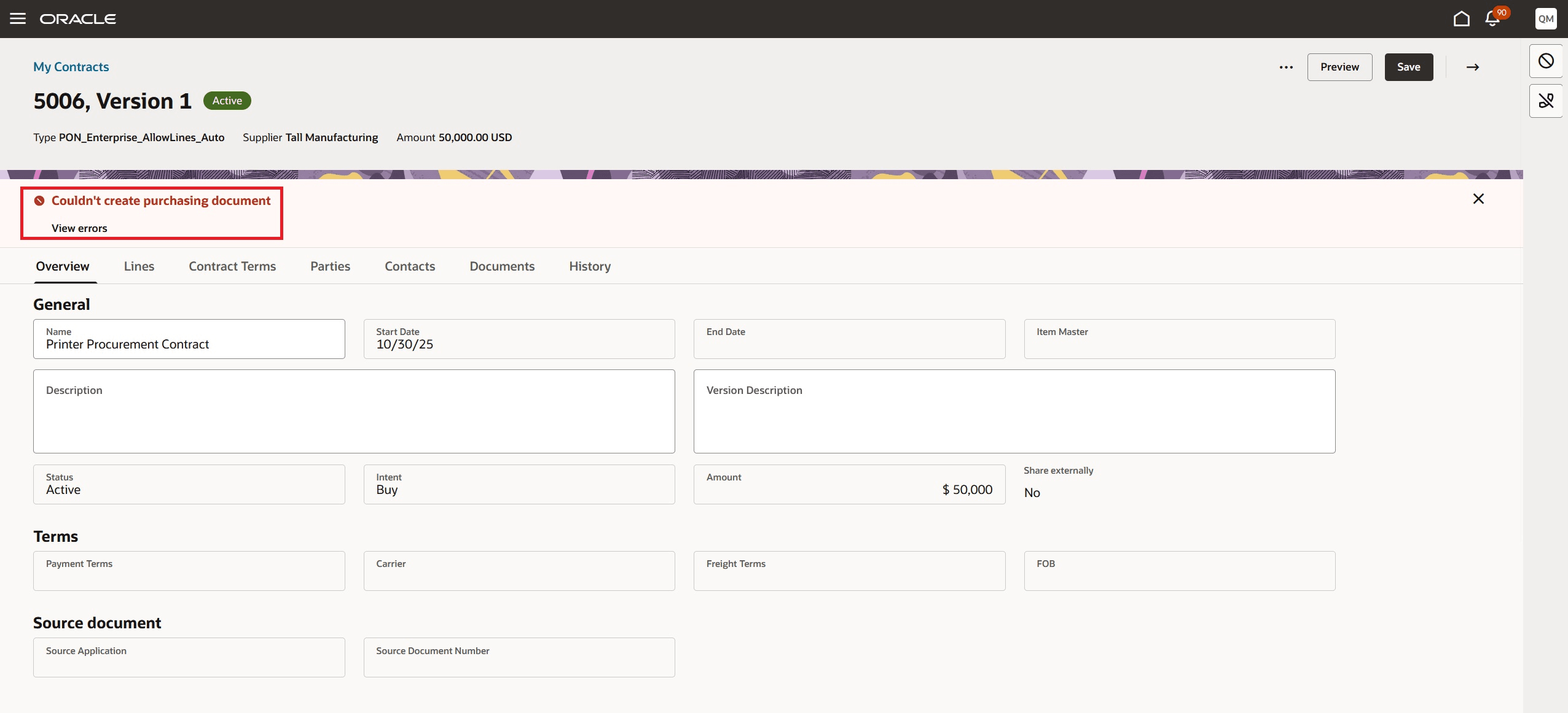 Create Purchasing Document Failure Banner