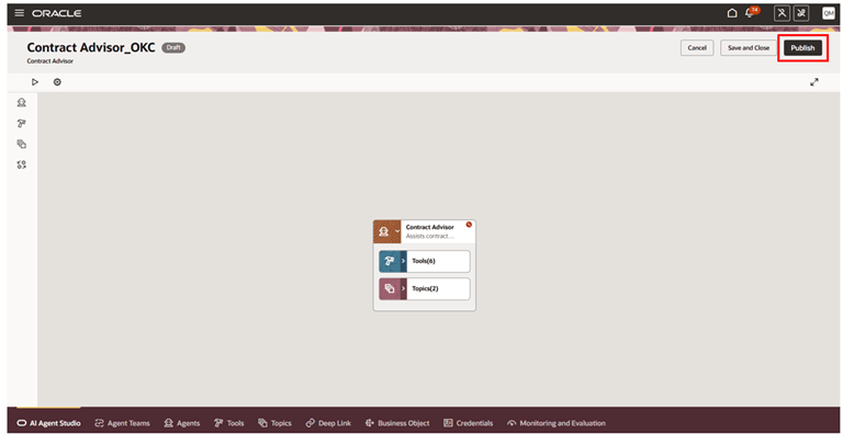 Click Publish to make the Contract Advisor agent available for use